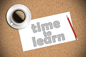 Cork work board with the words time to learn and a coffee cup and a pencil marty marsh martymarsh.com