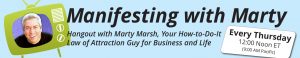 Banner image with a green retro tv saying manifesting with marty every Thursday at 12 Noon